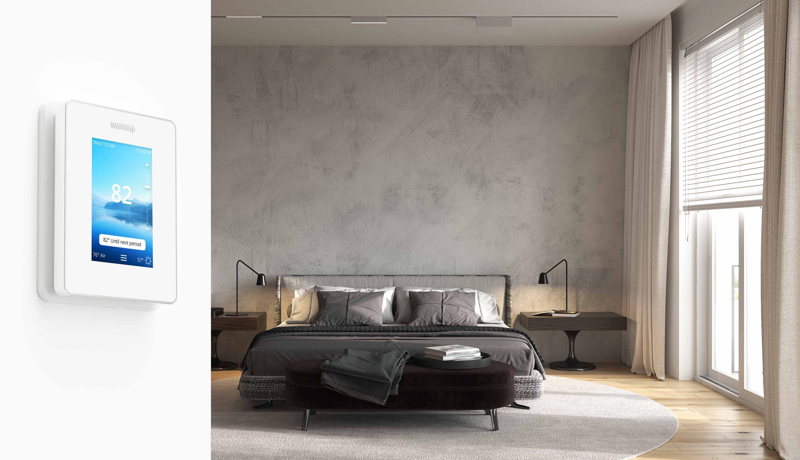 A Warmup Thermostat on the wall of a bedroom