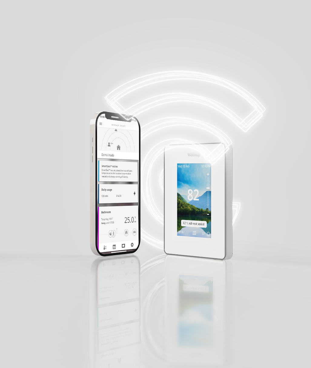 Warmup's 7iE Smart Matter Thermostat being controlled by a smart phone.