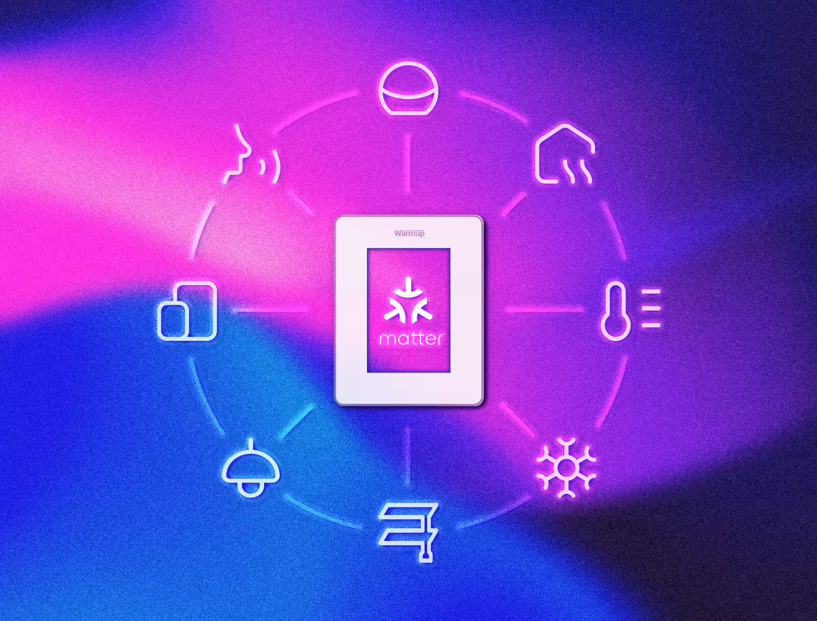 Warmup's 7iE Smart Matter Thermostat with icons showing multiple functionality