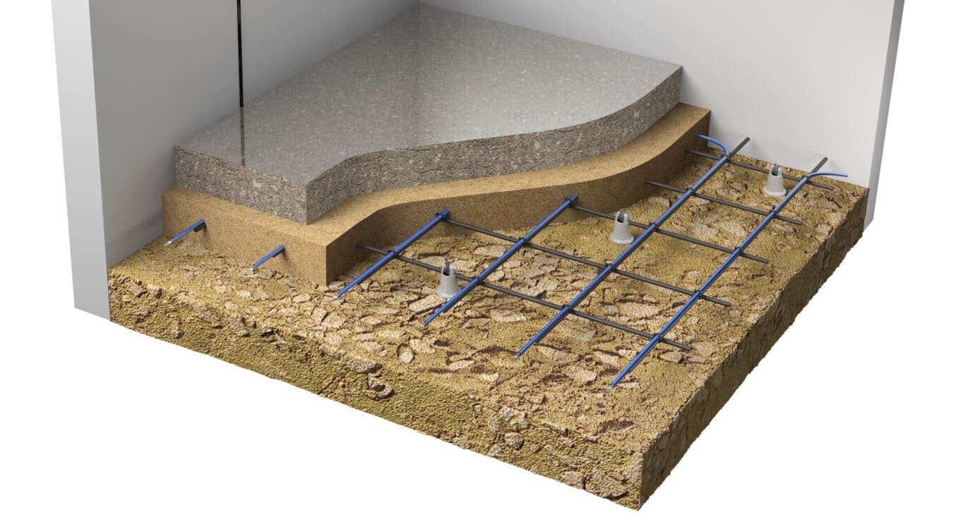 In-slab underfloor heating system rendering.