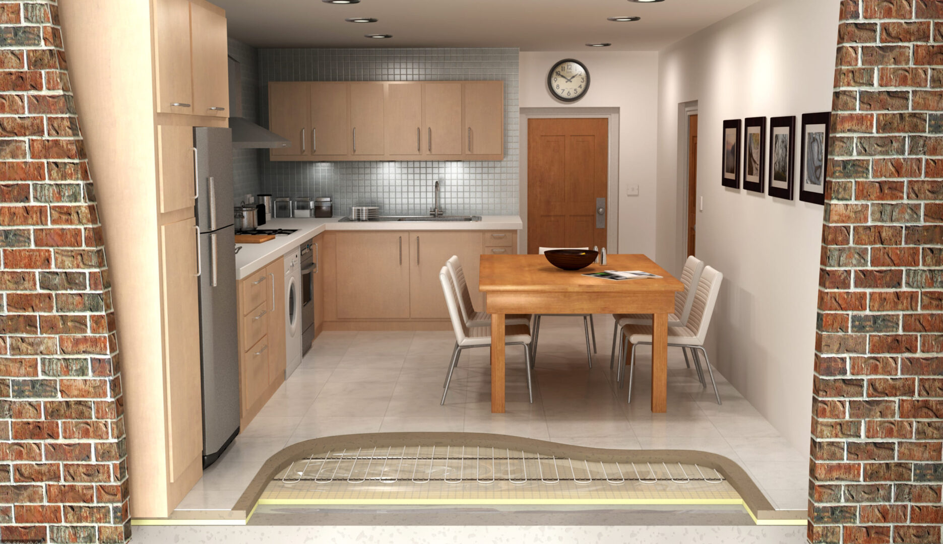 Kitchen with in-slab radiant heating.
