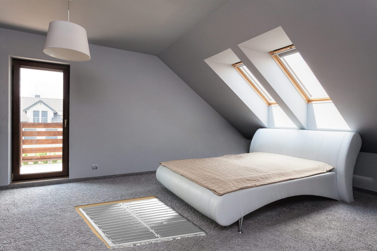 A bedroom with carpet flooring using a foil underfloor radiant heating system.