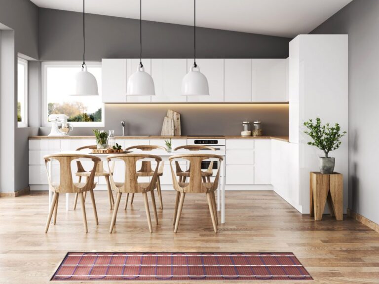 A modern kitchen with Warmup StickyMat Radiant Floor Heat under the Vinyl Planks.