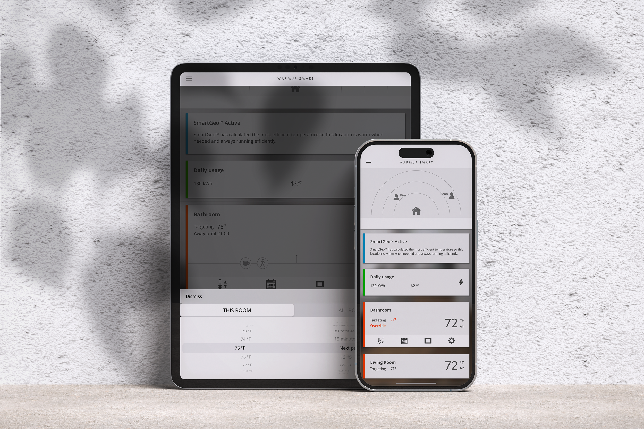 An iPhone and an iPad displaying Warmup's MyHeating app.