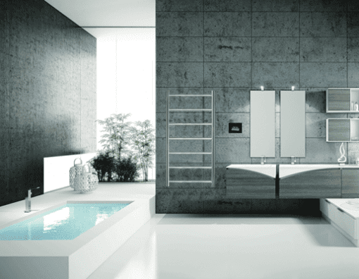Bathroom with a Warmup towel warmer.