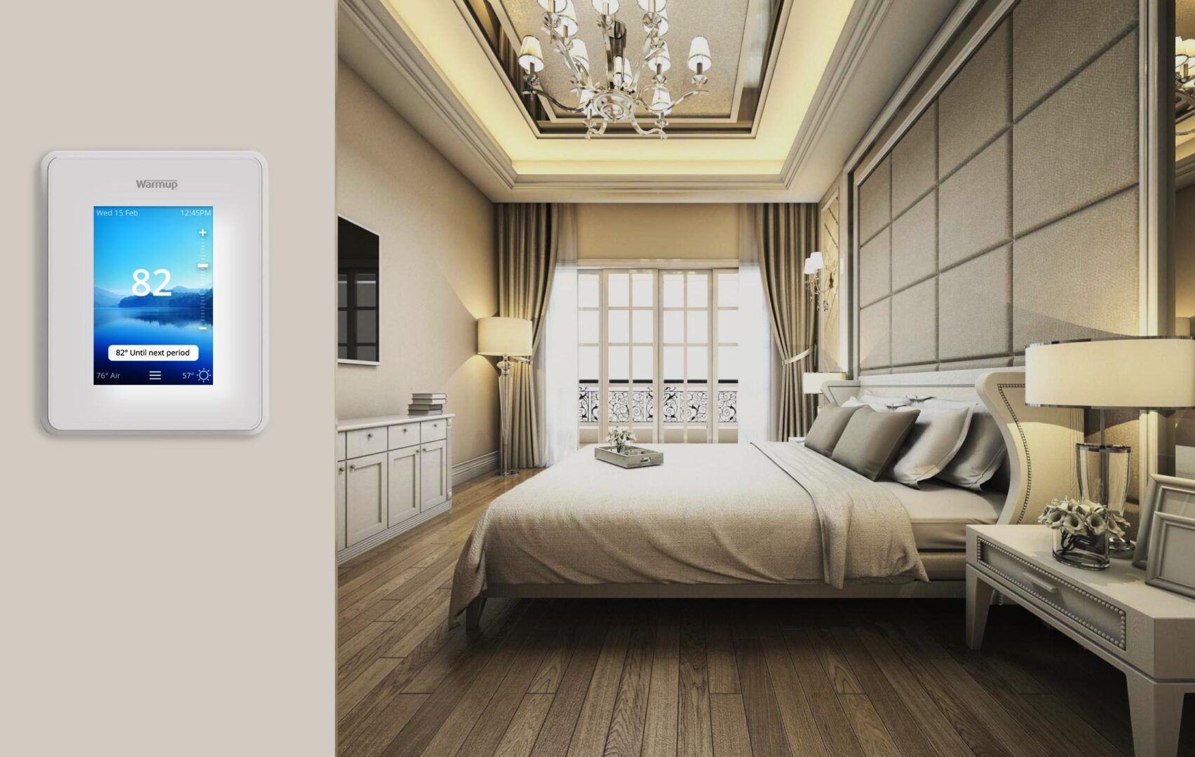 White 6iE Smart WiFi Thermostat on the wall of a bedroom.