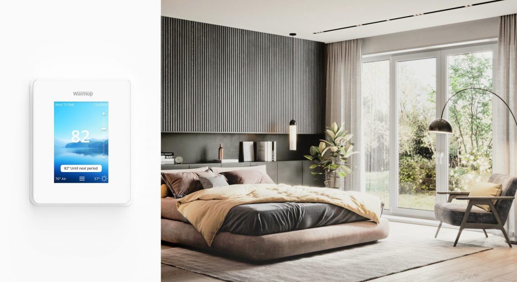 modern bedroom with Warmup smart thermostat