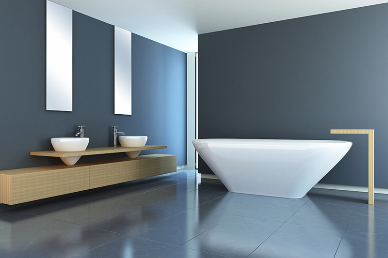 Alt Text: modern minimalist bathroom design with heated floor