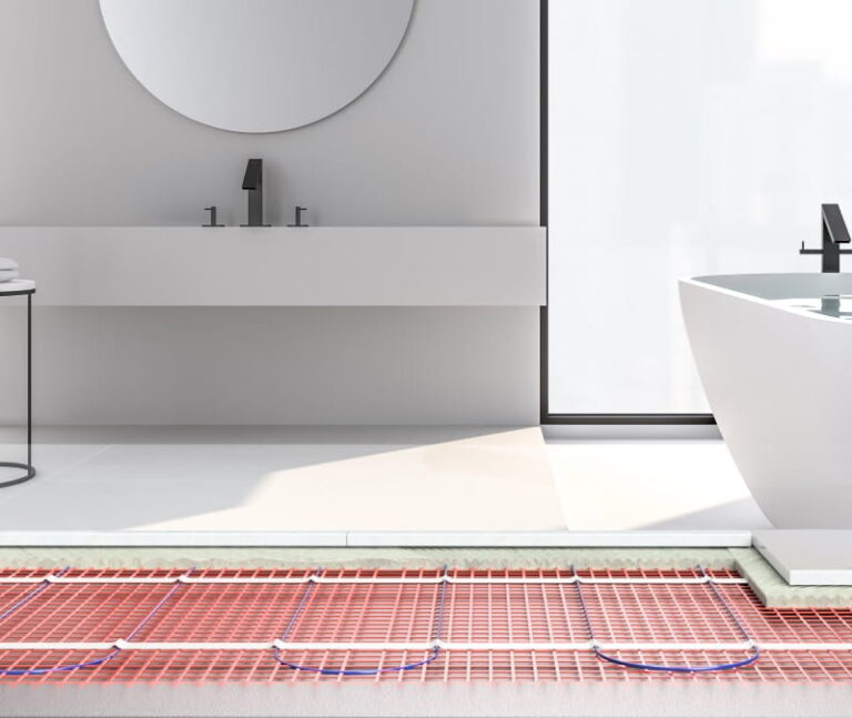 A bathroom with Warmup's StickyMat radiant floor heater under the tile floor.