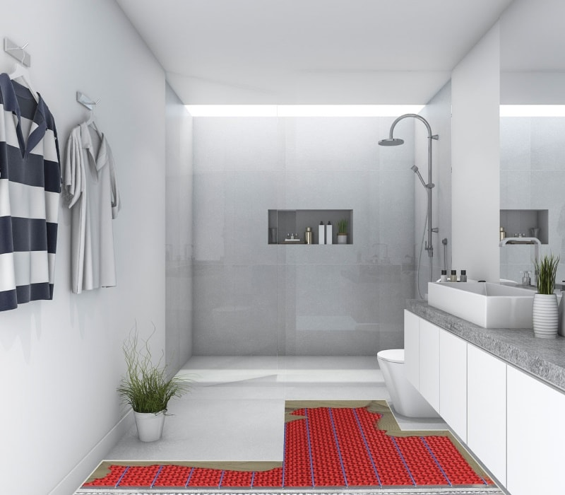 Alt Text: modern bathroom with electric radiant heating cables