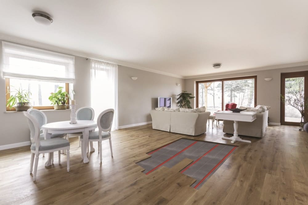 Dining room with radiant underfloor heating.