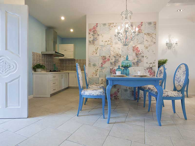 floral kitchen with white tiles