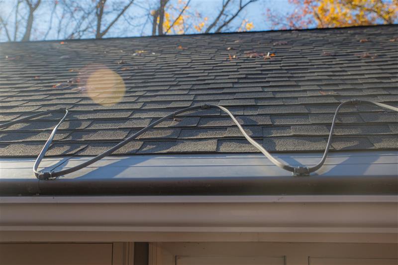 A roof with warmup self-regulating cables installed for roof and gutter protection.